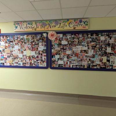 Welcome sign above white boards with pictures of new babies